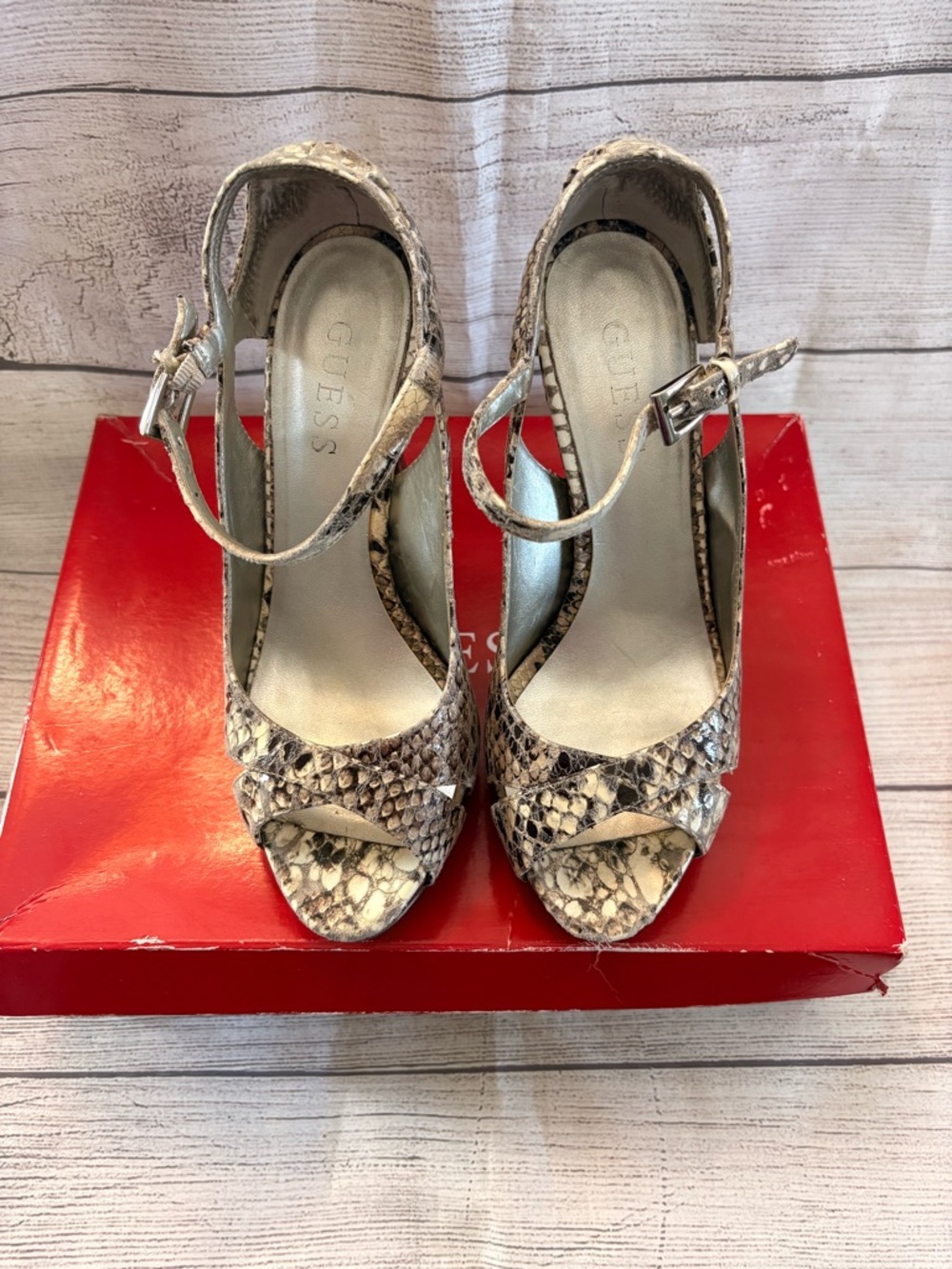 GUESS Beige Snake-Print Ankle-Strap Peep-Toe Heels